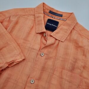 Tommy Bahama Mens Linen Blend Short Sleeve Button Up Shirt Coral Orange L G